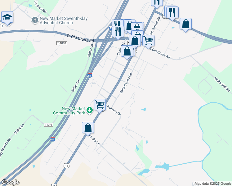 map of restaurants, bars, coffee shops, grocery stores, and more near 9586 South Congress Street in New Market