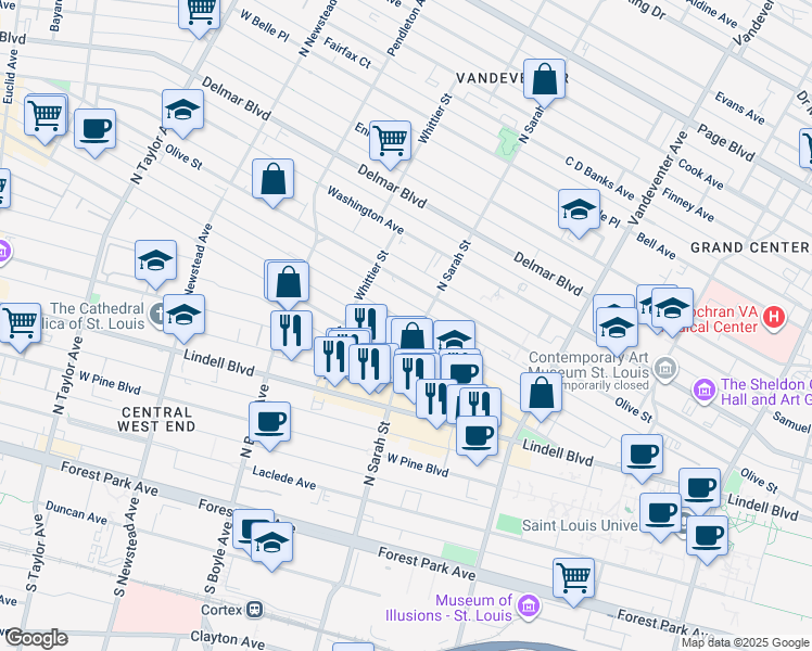 map of restaurants, bars, coffee shops, grocery stores, and more near 447 North Sarah Street in St. Louis