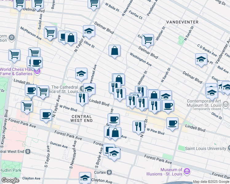 map of restaurants, bars, coffee shops, grocery stores, and more near 4317 Maryland Avenue in St. Louis