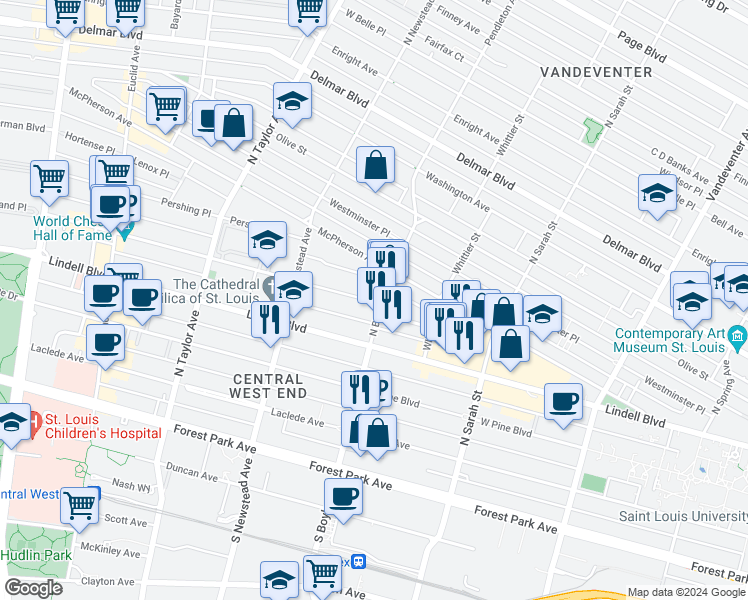map of restaurants, bars, coffee shops, grocery stores, and more near 4317 Maryland Avenue in St. Louis