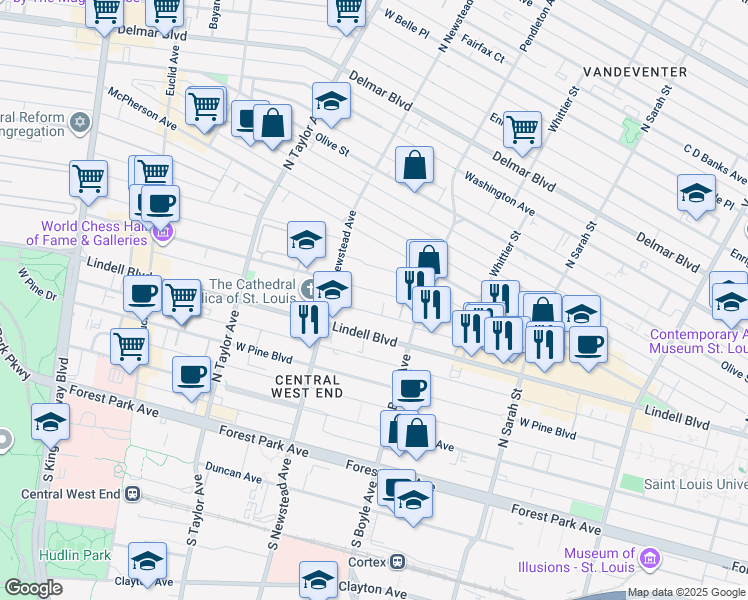 map of restaurants, bars, coffee shops, grocery stores, and more near 4355 Maryland Avenue in St. Louis