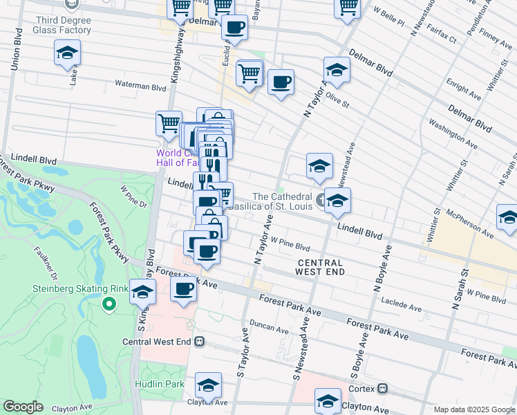 map of restaurants, bars, coffee shops, grocery stores, and more near 4545 Lindell Boulevard in St. Louis