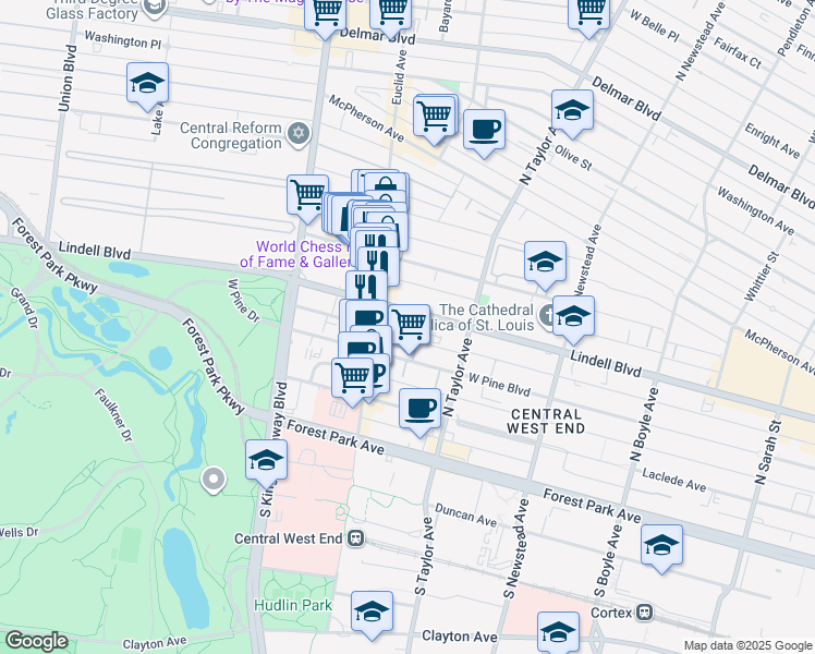 map of restaurants, bars, coffee shops, grocery stores, and more near in St. Louis
