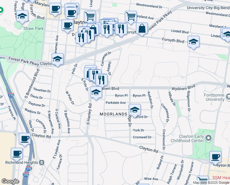 map of restaurants, bars, coffee shops, grocery stores, and more near 7536 Wydown Boulevard in Clayton