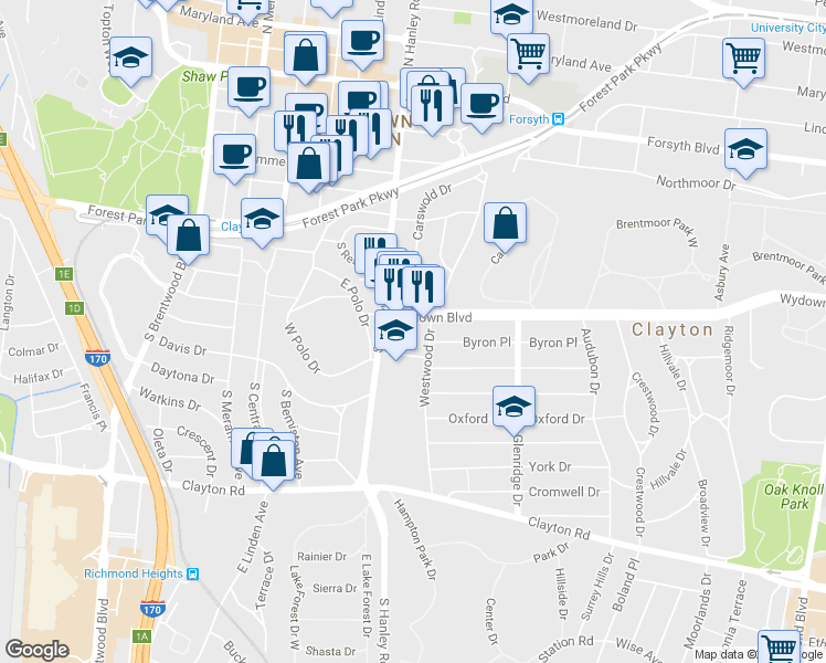 map of restaurants, bars, coffee shops, grocery stores, and more near 7646 Wydown Boulevard in Clayton