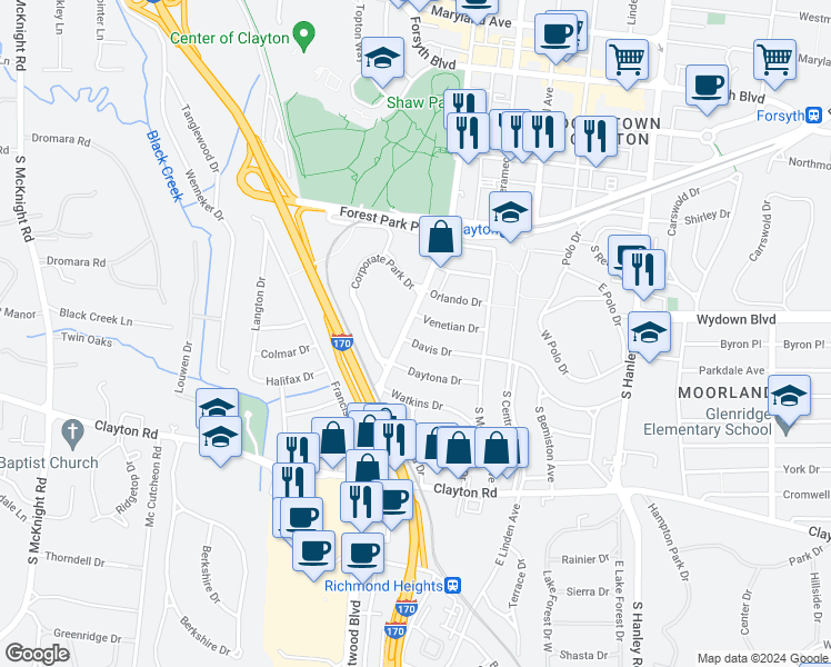 map of restaurants, bars, coffee shops, grocery stores, and more near 600S South Brentwood Boulevard in Clayton