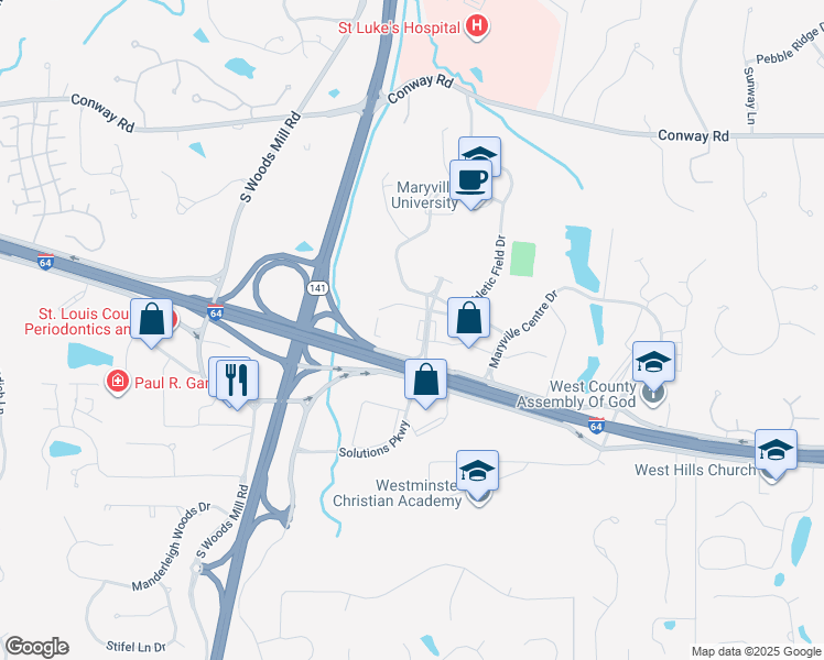 map of restaurants, bars, coffee shops, grocery stores, and more near 527 Maryville University Drive in St. Louis