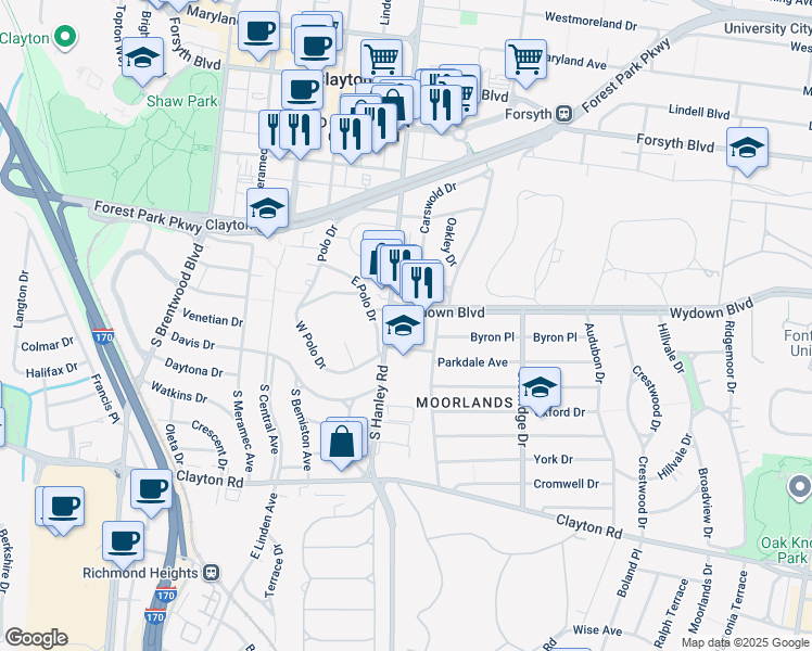 map of restaurants, bars, coffee shops, grocery stores, and more near 607 Forest Court in Clayton