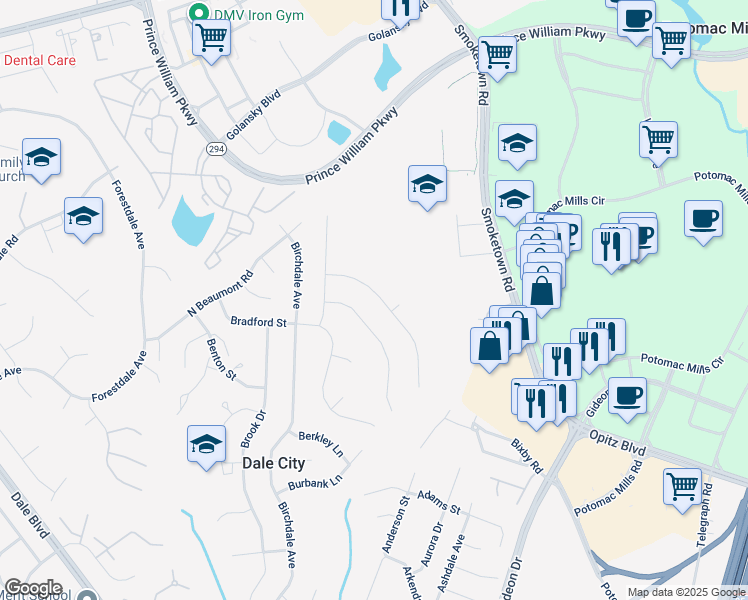map of restaurants, bars, coffee shops, grocery stores, and more near 14216 Bismark Avenue in Woodbridge