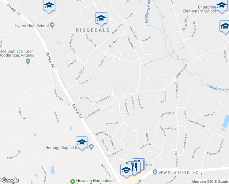 map of restaurants, bars, coffee shops, grocery stores, and more near 14369 Salsbury Court in Woodbridge