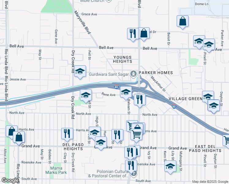 map of restaurants, bars, coffee shops, grocery stores, and more near 1425 Rene Avenue in Sacramento