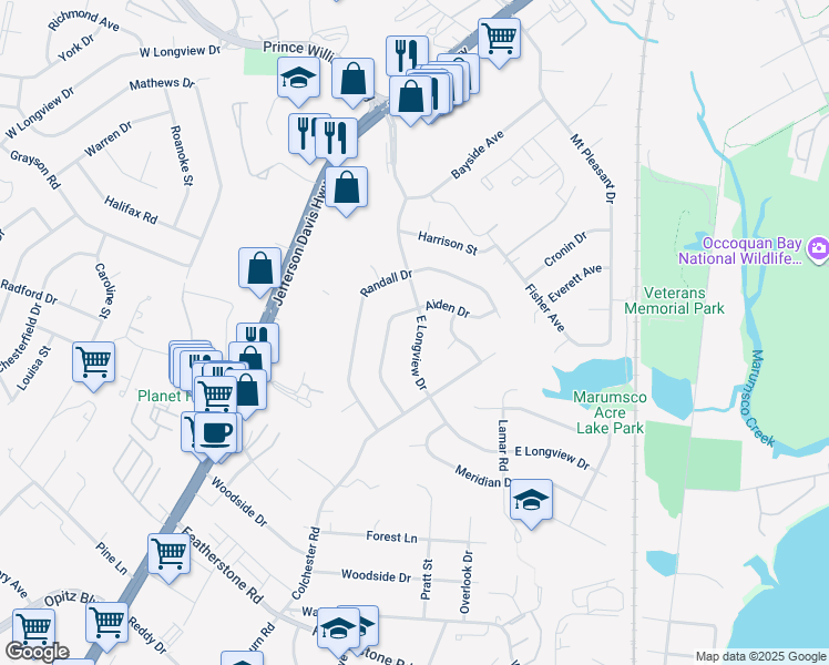 map of restaurants, bars, coffee shops, grocery stores, and more near 1342 East Longview Drive in Woodbridge