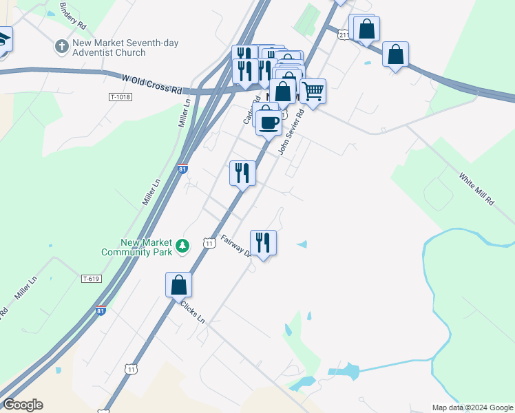 map of restaurants, bars, coffee shops, grocery stores, and more near 9578 John Sevier Road in New Market