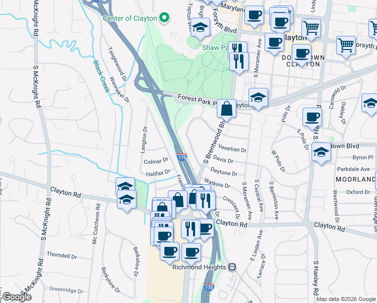 map of restaurants, bars, coffee shops, grocery stores, and more near 809 South Brentwood Boulevard in Clayton