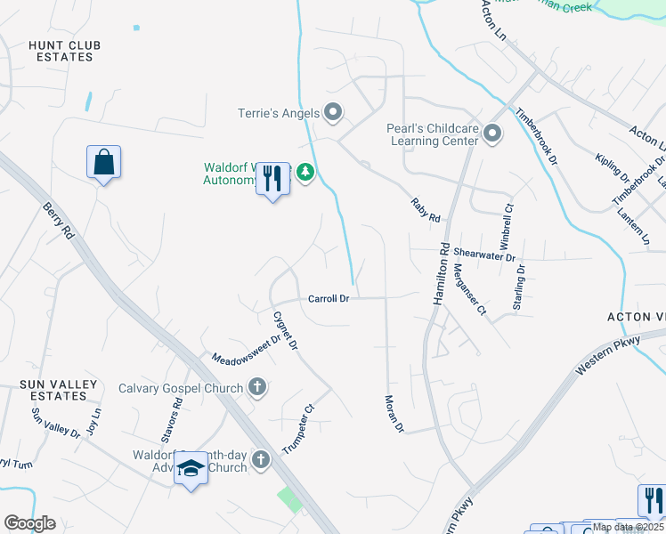 map of restaurants, bars, coffee shops, grocery stores, and more near 2460 Tuckahoe Court in Waldorf