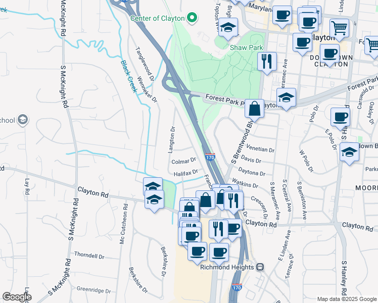 map of restaurants, bars, coffee shops, grocery stores, and more near 8101 Edinburgh Drive in Clayton