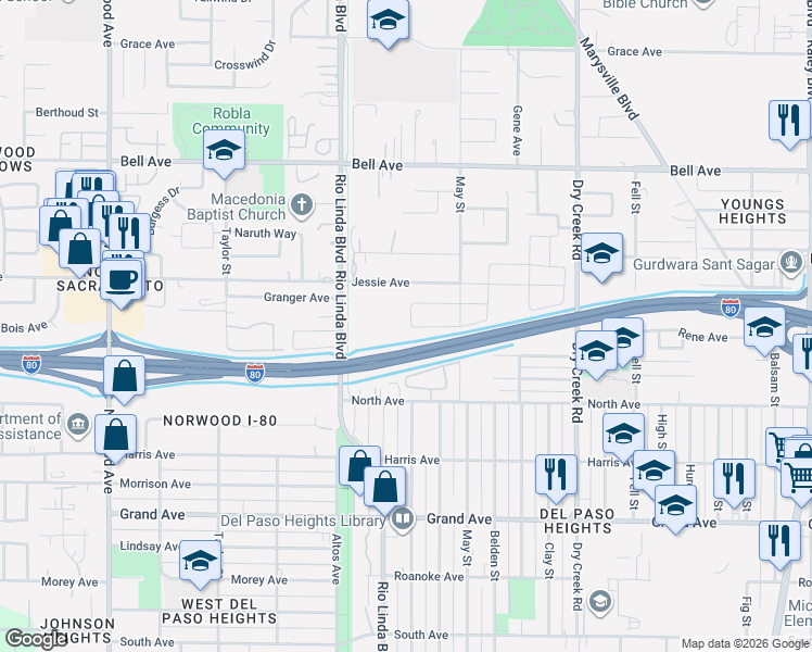 map of restaurants, bars, coffee shops, grocery stores, and more near 4101 May Street in Sacramento