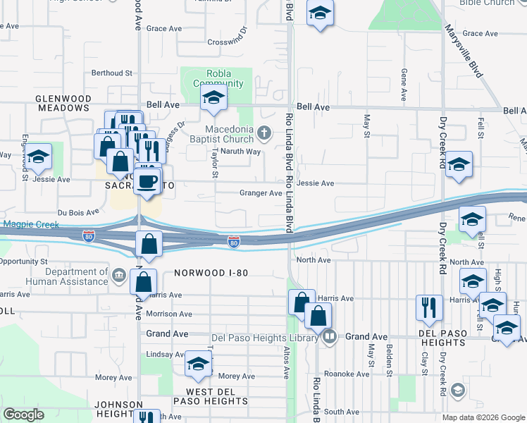 map of restaurants, bars, coffee shops, grocery stores, and more near 4125 Rio Linda Boulevard in Sacramento