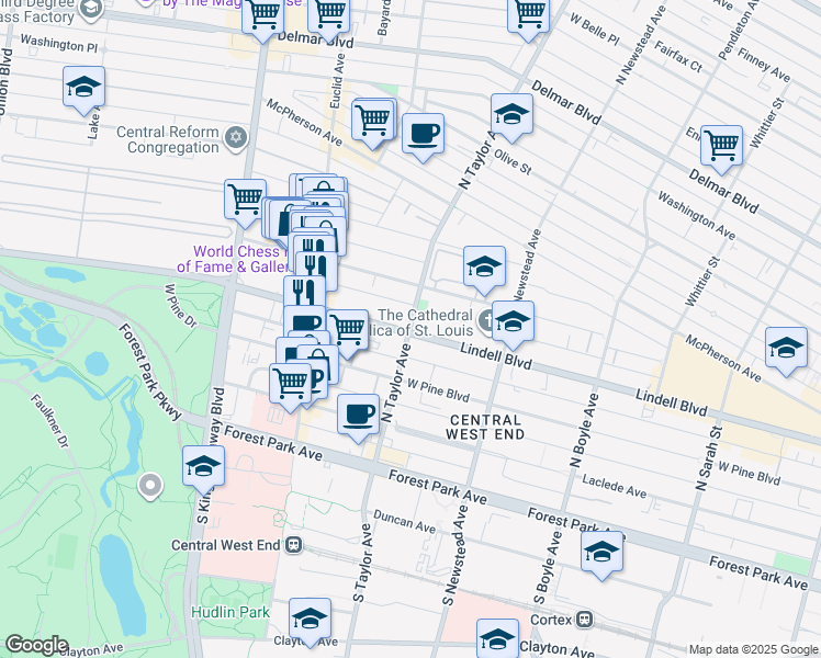 map of restaurants, bars, coffee shops, grocery stores, and more near 4501 Lindell Boulevard in St. Louis