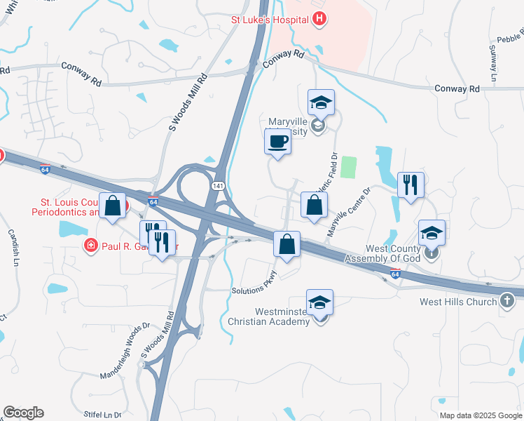 map of restaurants, bars, coffee shops, grocery stores, and more near 527 Maryville University Drive in St. Louis