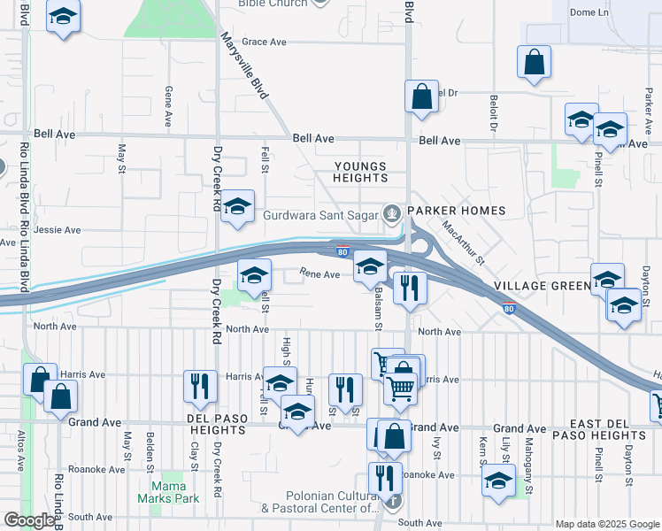 map of restaurants, bars, coffee shops, grocery stores, and more near 1425 Rene Avenue in Sacramento