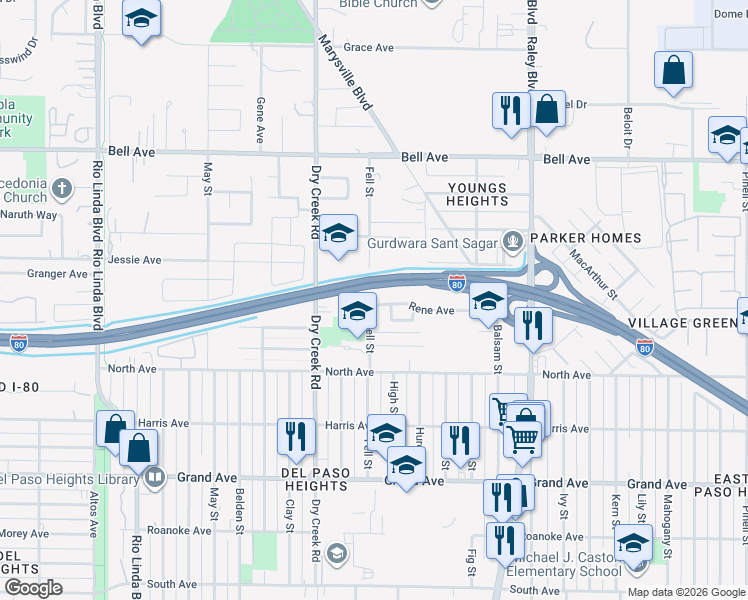 map of restaurants, bars, coffee shops, grocery stores, and more near 1309 Rene Avenue in Sacramento