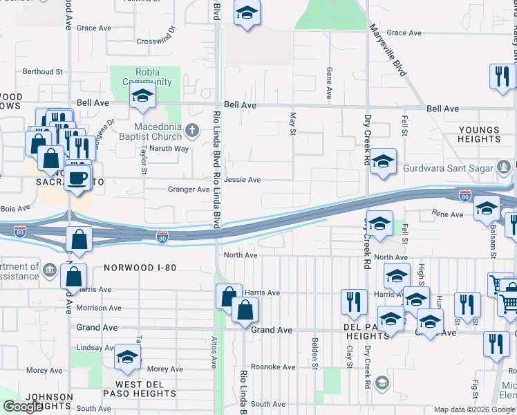 map of restaurants, bars, coffee shops, grocery stores, and more near 4101 May Street in Sacramento