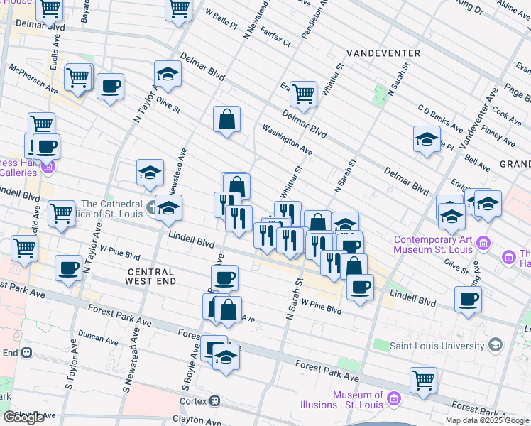 map of restaurants, bars, coffee shops, grocery stores, and more near 4201 McPherson Avenue in St. Louis