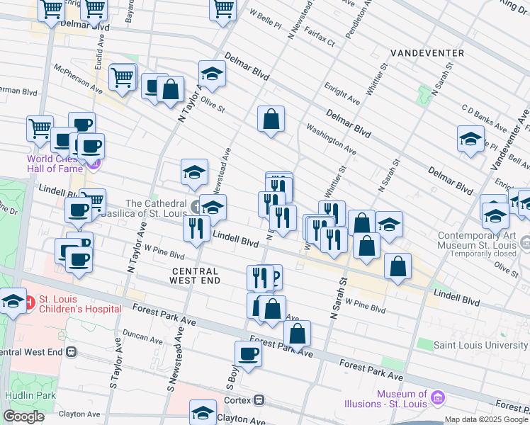 map of restaurants, bars, coffee shops, grocery stores, and more near 4317 Maryland Avenue in St. Louis