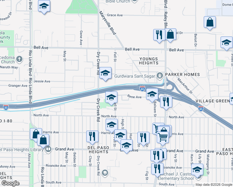 map of restaurants, bars, coffee shops, grocery stores, and more near 1309 Rene Avenue in Sacramento