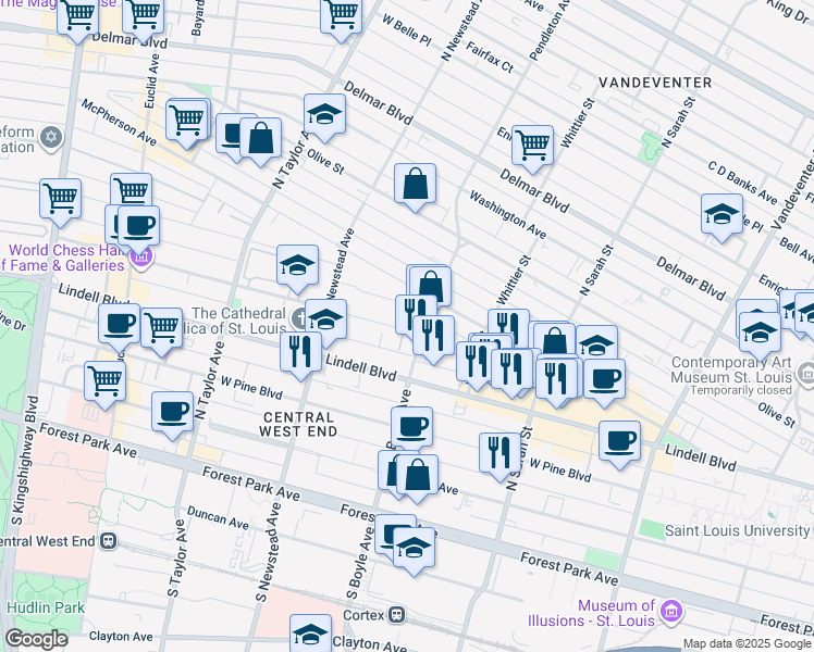 map of restaurants, bars, coffee shops, grocery stores, and more near 4317 Maryland Avenue in St. Louis