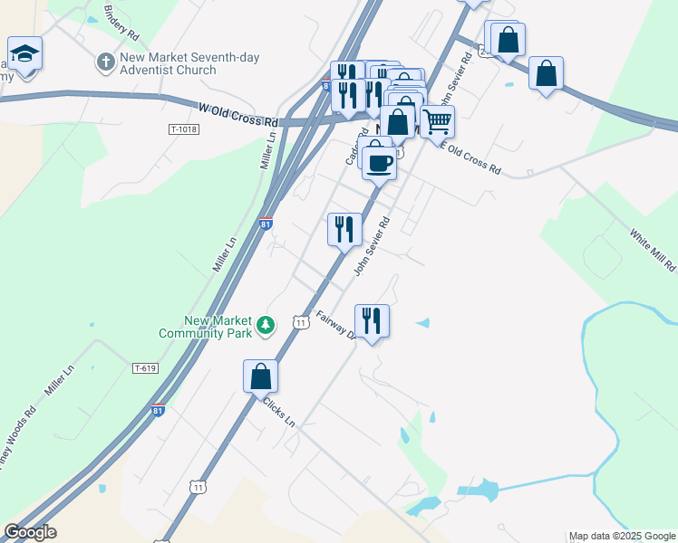 map of restaurants, bars, coffee shops, grocery stores, and more near 9586 South Congress Street in New Market