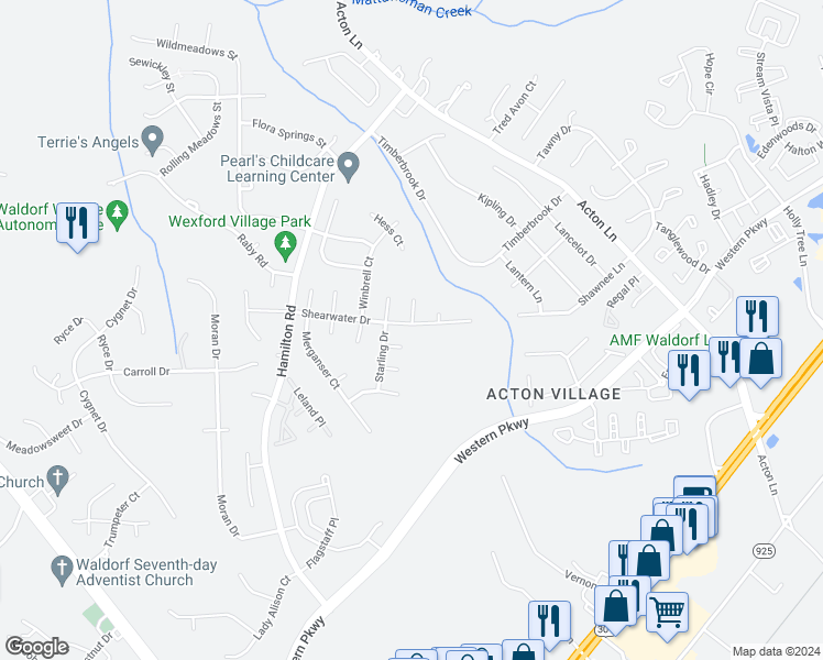 map of restaurants, bars, coffee shops, grocery stores, and more near 11487 Shearwater Drive in Waldorf