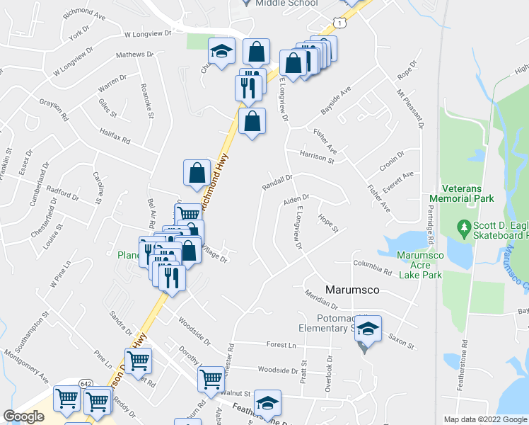 map of restaurants, bars, coffee shops, grocery stores, and more near 14301 Randall Drive in Woodbridge