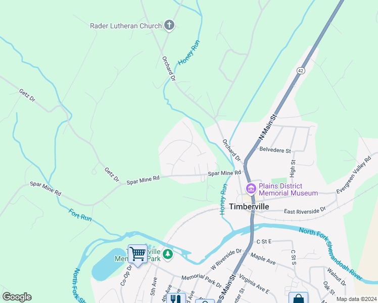 map of restaurants, bars, coffee shops, grocery stores, and more near 14838 Woodcreek Lane in Timberville