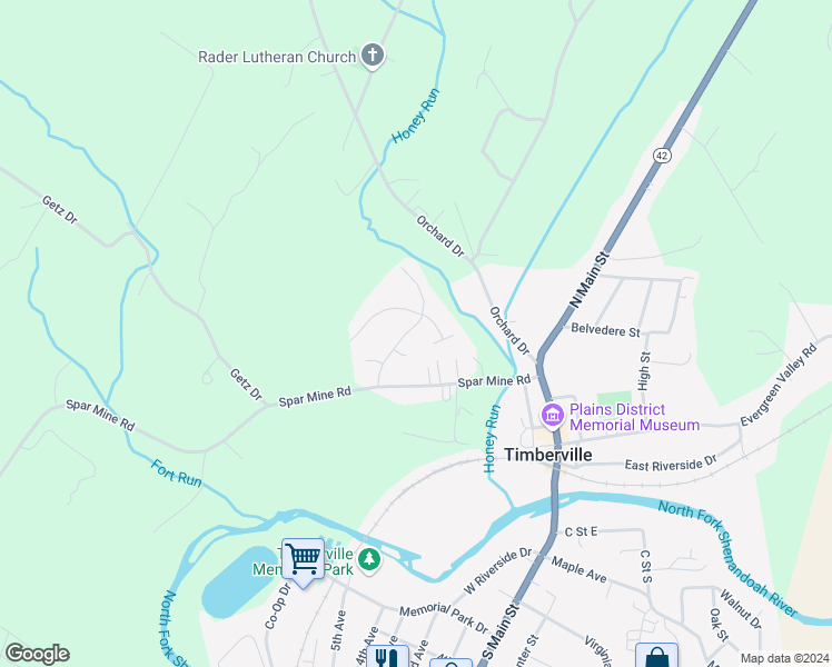 map of restaurants, bars, coffee shops, grocery stores, and more near 14838 Woodcreek Lane in Timberville