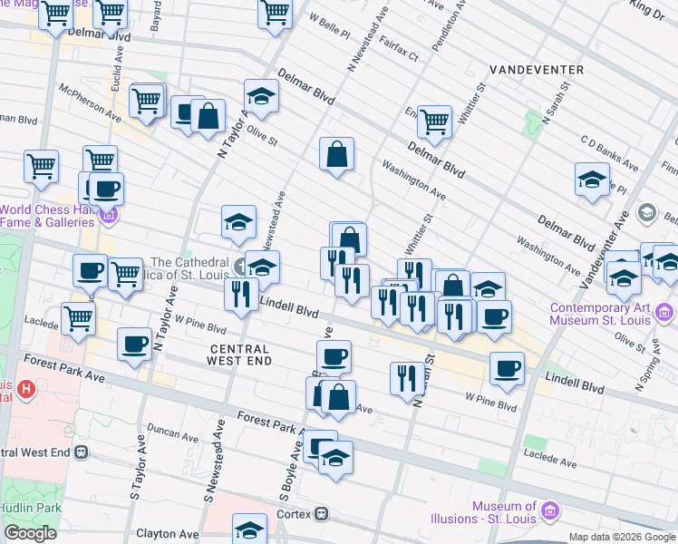map of restaurants, bars, coffee shops, grocery stores, and more near 4317 Maryland Avenue in St. Louis