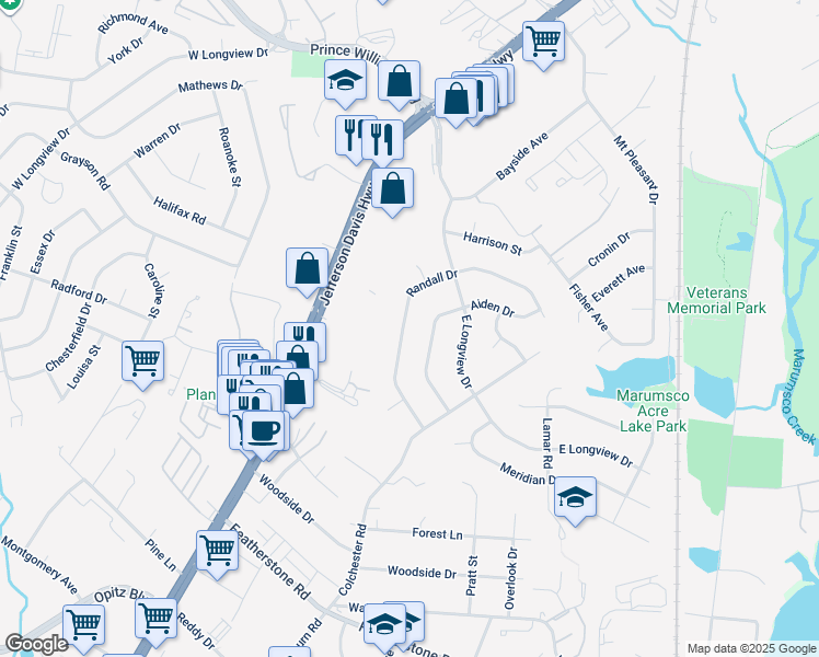 map of restaurants, bars, coffee shops, grocery stores, and more near 14301 Randall Drive in Woodbridge