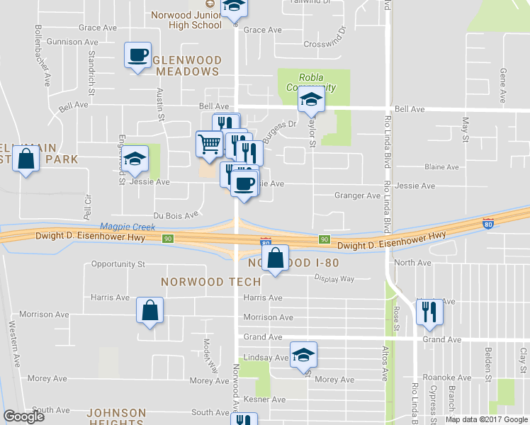map of restaurants, bars, coffee shops, grocery stores, and more near 4151 Taylor Street in Sacramento