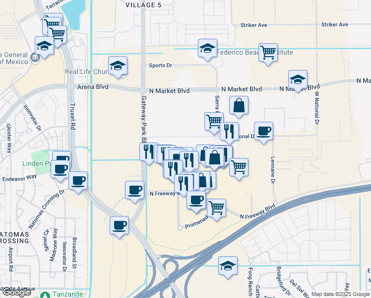 map of restaurants, bars, coffee shops, grocery stores, and more near 1620 National Drive in Sacramento
