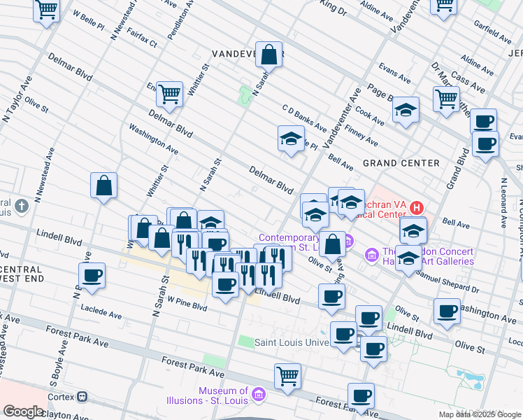 map of restaurants, bars, coffee shops, grocery stores, and more near 3934 Washington Avenue in St. Louis