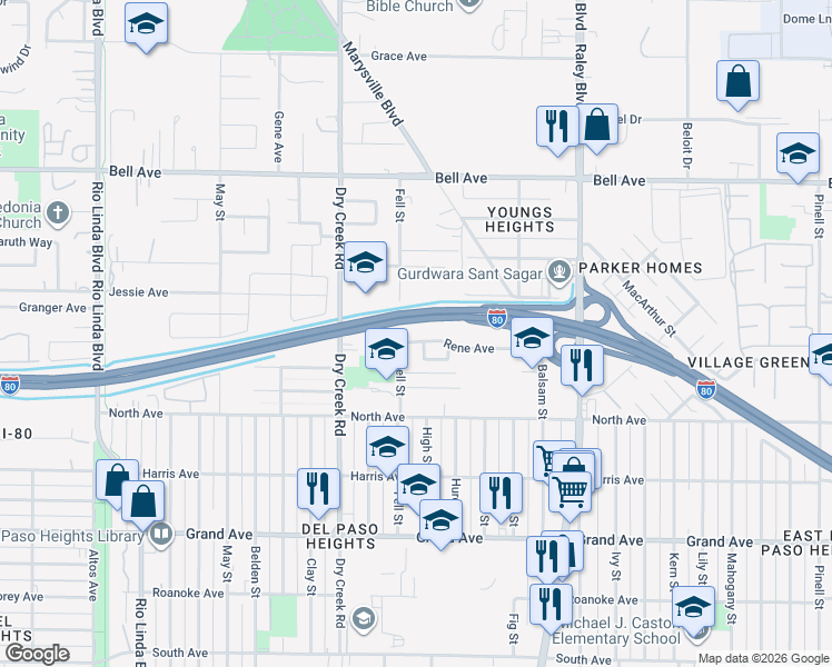 map of restaurants, bars, coffee shops, grocery stores, and more near 1309 Rene Avenue in Sacramento