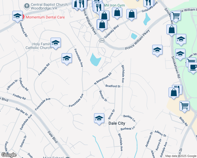 map of restaurants, bars, coffee shops, grocery stores, and more near 3404 North Beaumont Road in Dale City
