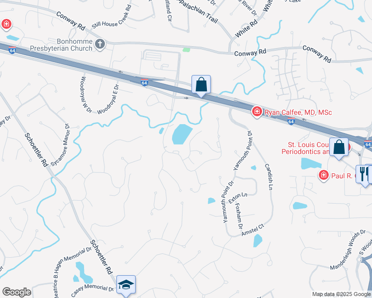 map of restaurants, bars, coffee shops, grocery stores, and more near 14643 Mallard Lake Drive in Chesterfield