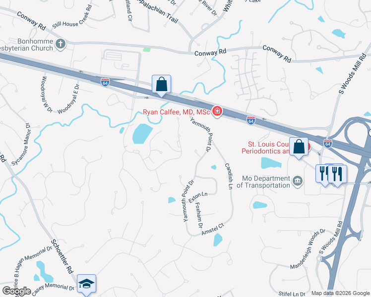 map of restaurants, bars, coffee shops, grocery stores, and more near 1582 Timberlake Manor Parkway in Chesterfield