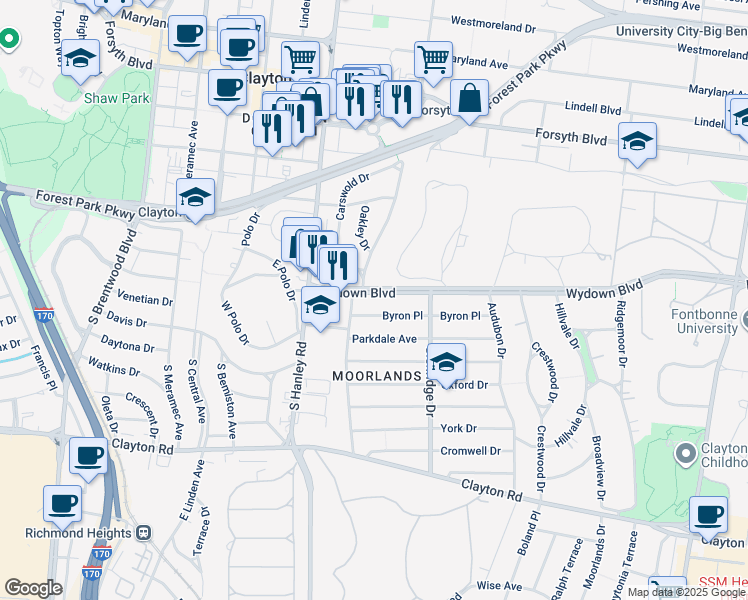 map of restaurants, bars, coffee shops, grocery stores, and more near 7552 Wydown Boulevard in Clayton