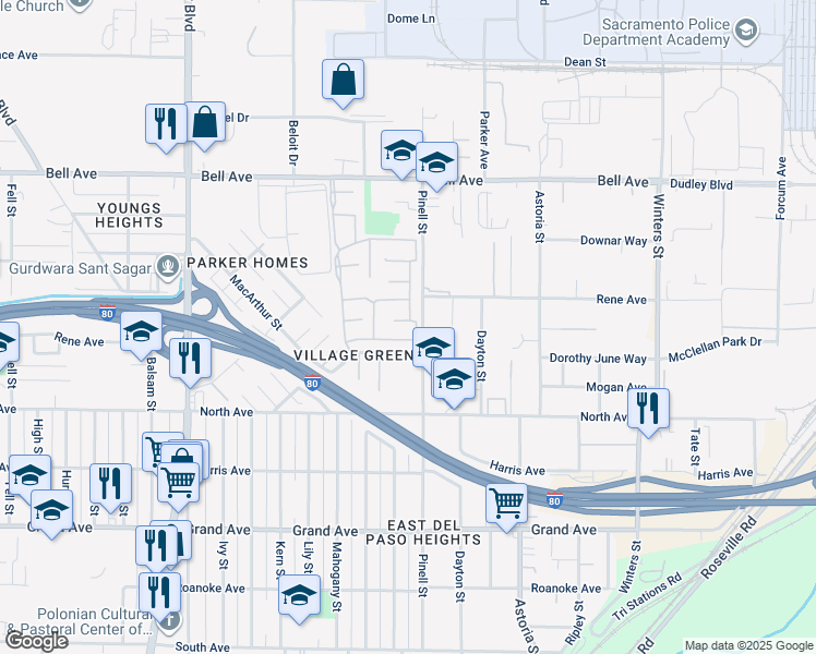 map of restaurants, bars, coffee shops, grocery stores, and more near 127 Village Circle in Sacramento