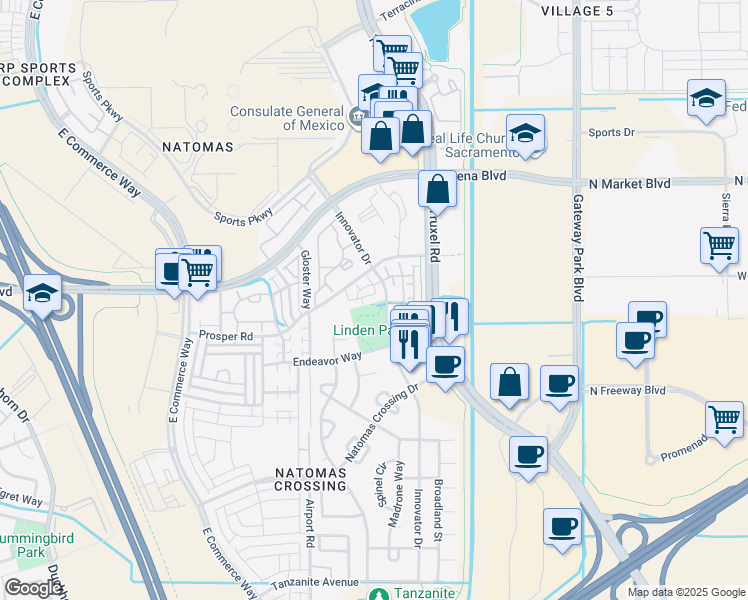 map of restaurants, bars, coffee shops, grocery stores, and more near 4059 Innovator Drive in Sacramento