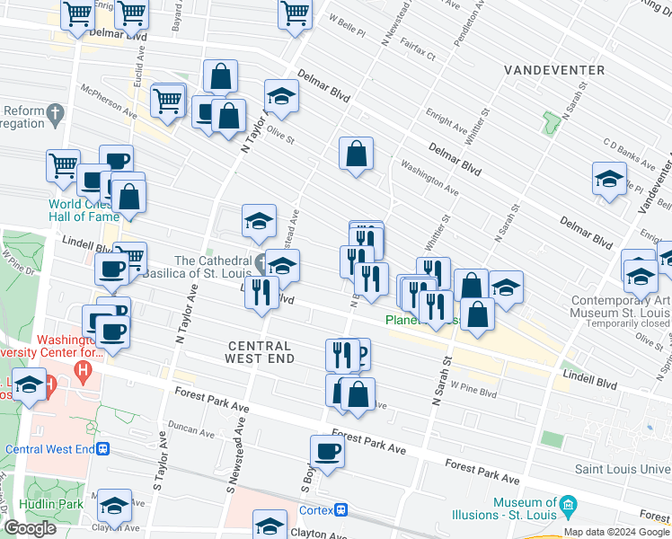 map of restaurants, bars, coffee shops, grocery stores, and more near 4355 Maryland Avenue in St. Louis