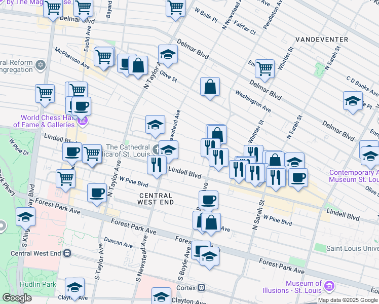 map of restaurants, bars, coffee shops, grocery stores, and more near 4355 Maryland Avenue in St. Louis